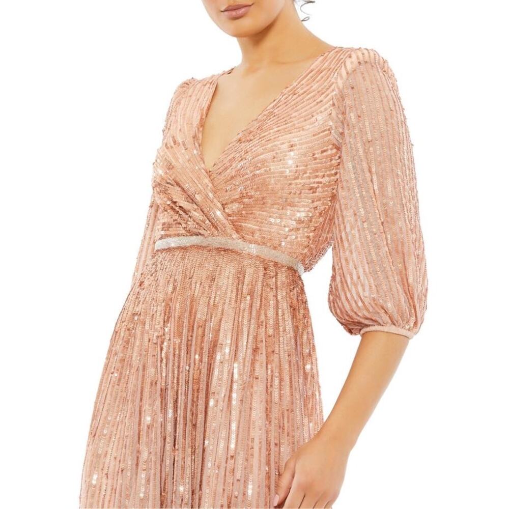 NEW Mac Duggal Sequined Wrap Over‎ 3/4 Sleeve Gown in Apricot Size 18 - Picture 2 of 12